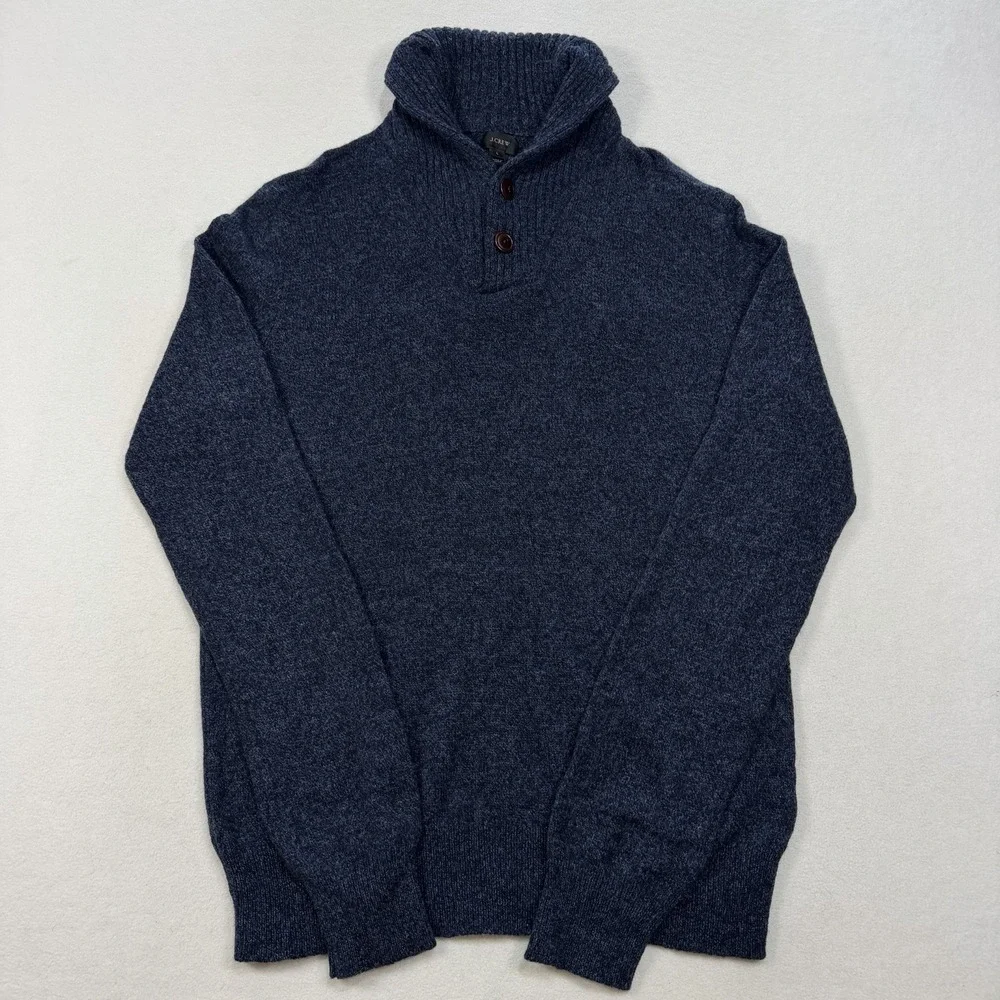 J.CREW Men's Blue Cardigan Sweater Large 100% Lambs Wool Shawl‎ Collar